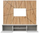 TV-Lowboard Set iLike in hellem Grau und Artisan Eiche 160 cm, Flat-TV Unterschrank mit Wandpaneel