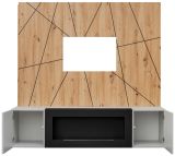 TV-Lowboard Set iLike hellgrau, schwarz und Artisan Eiche TV Unterteil mit Bio Ethanol Kamin und Akustikpaneel 160 cm