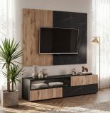 TV-Lowboard Set Starlet in Eiche und Marmor schwarz 160 cm, Set inkl. Wandpaneel, Push-To-Open