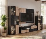 Wohnwand Starlet in schwarz, Vicking Eiche und Marmor schwarz Schrankwand 300 cm inkl. LED, Push-To-Open