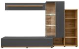 Wohnwand Lester in Anthrazit und Wotan Eiche, Schrankwand inkl. LED und Push-to-Open, 240 x 145 cm