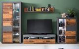 Wohnwand Foundry 4-teilig 340 cm in Used Wood Altholz und Matera grau mit LED Beleuchtung