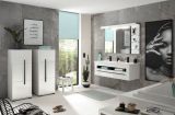 Badezimmer Spiegel Design-D in wei� Hochglanz und schwarz Badspiegel mit Ablage und LED Beleuchtung 120 x 85 cm