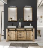 Badm�bel Set Stove in Used Wood hell und anthrazit Doppelwaschtisch MIT Waschbecken und LED Spiegellampe