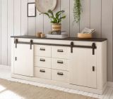 Wohn- und Esszimmer Set Stove in wei� Pinie und anthrazit Landhaus Wohnkombination 2-teilig mit Vitrine und Sideboard