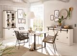 Esszimmer Set Stove in wei� Pinie und anthrazit Landhaus Speisezimmer 3-teilig mit Esstisch, Vitrine und Sideboard