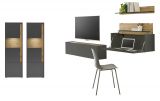 Wohnwand mit Sekret�r Center in grau matt und Wotan Eiche Wohnkombination 5-teilig 410 x 170 cm