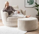 Drehsessel Comfy in wollwei� Mega Cord XL, Loveseat 360� inklusive 3x Kissen