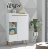 Highboard Isgard in wei� matt und Scandi Eiche Vitrine skandinavisch 90 x 134 cm
