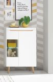 Highboard Isgard in wei� matt und Scandi Eiche Vitrine skandinavisch 90 x 134 cm
