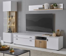 Wohnwand Merced in wei� matt und Evoke Eiche Wohnkombination 3-teilig 258 x 180 cm