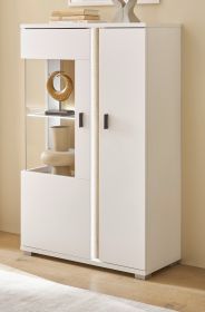 Vitrine Bellport in wei� matt und Wotan Eiche Highboard inklusive Frontbeleuchtung 80 x 125 cm