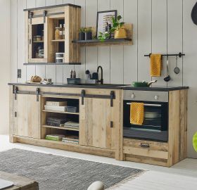 K�che Stove in Used Wood hell und anthrazit K�chenschrank Set 4-teilig 264 x 200 cm