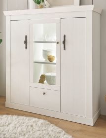 Highboard Fiastra in wei� Pinie Landhaus Vitrine 140 x 146 cm, Soft-Close-Funktion
