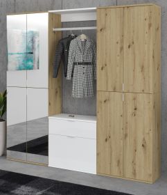 Garderobe Set Line-Up in Artisan Eiche und wei� Hochglanz Garderobenschrank mit Spiegel 183 x 193 cm
