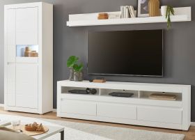 Wohnwand Derby in wei� matt und Evoke Eiche Wohnkombination 3-teilig, Soft-Close-Funktion