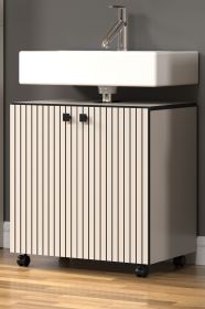 Waschbeckenunterschrank Feliz in Kaschmir Grau mit Leistenoptik, Badschrank 60 cm auf Rollen