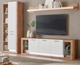 Wohnwand Rivian in wei� matt und Evoke Eiche Wohnkombination Set 3-teilig 298 cm