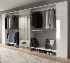 Garderobenschrank mit Spiegelt�r SystemX in wei� Hochglanz Schuhschrank 341 x 193 cm