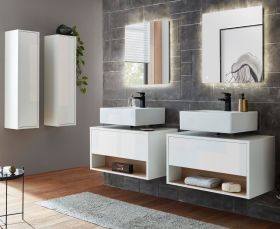 Badm�bel Set 6-teilig Glide in wei� Hochglanz und Eiche mit LED Beleuchtung 250 x 190 cm