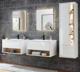 Badm�bel Set Glide in wei� Hochglanz und Eiche mit Waschbecken und LED Beleuchtung 225 x 190 cm
