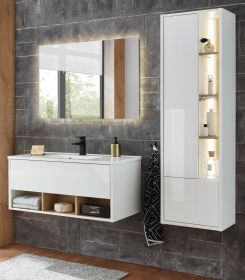 Badm�bel Set Glide in wei� Hochglanz und Eiche mit Waschbecken und LED Beleuchtung 155 x 190 cm