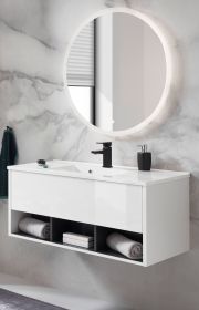Badm�bel Set Glide in wei� Hochglanz und grau mit Waschbecken und LED Beleuchtung 100 x 190 cm