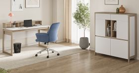 Arbeitszimmer Finnes in wei� und Eiche, Set Highboard und Schreibtisch skandinavisch, Soft-Close