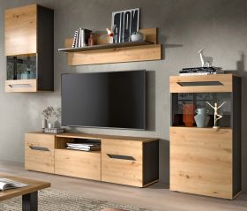 Wohnwand 4-teilig Aversa in Artisan Eiche und grau Set mit 2x Vitrine h�ngend / stehend