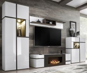 Wohnwand Lovely in wei� Hochglanz und Ulme Schrankwand mit Ethanol Kamin, inkl. Beleuchtung