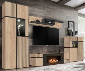 Wohnwand Lovely in Hickory Eiche und schwarz Schrankwand mit Ethanol Kamin, inkl. Beleuchtung