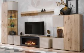 Wohnwand Cathlyn Eiche und Kaschmir, Schrankwand mit Ethanol Kamin, inkl. LED, 350 x 197 cm