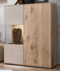 Highboard Cathlyn in Eiche und Kaschmir, Vitrine 90 x 120 cm inklusive LED