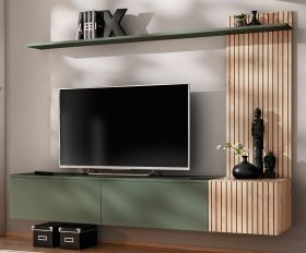 Wohnwand Madina mattes Gr�n und Eiche Leistenoptik, Schrankwand h�ngend 180 cm mit Push-to-Open