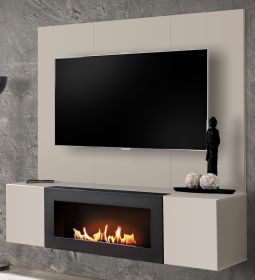 TV-Lowboard Set Option in Kaschmir, Flat-TV Unterschrank h�ngend mit Ethanol Kamin und Akustikpaneel, 160 cm