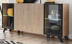 Sideboard Lines in Hickory Eiche und schwarz Kommode mit LED und Push-to-Open, 160 x 82 cm