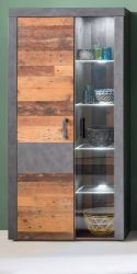 Vitrinenschrank Foundry in Used Wood Altholz Design mit Grau, Vitrine 87 x 189 cm inkl. Beleuchtung