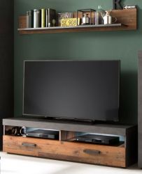 TV-Lowboard Foundry in Used Wood Altholz Dekor mit Grau, Set inklusive Wandregal 140 cm