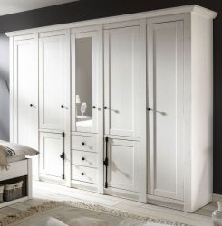 Kleiderschrank Hooge in Pinie wei� Landhaus Dreht�renschrank 7-t�rig mit Spiegel 236 x 206 cm