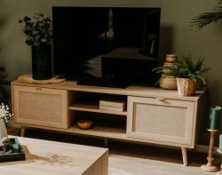 TV-Lowboard Niran in Sonoma Eiche mit Bast - Dekor TV-Unterteil skandinavisch 150 x 52 cm
