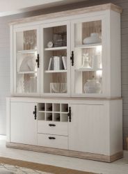 Buffetschrank Rovola in Pinie wei� / Oslo Pinie Landhaus Vitrinenschrank mit Weinregal 184 x 205 cm