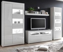 Wohnwand Nobile in Hochglanz wei� und Stone Design grau Anbauwand 4-teilig 336 x 198 cm