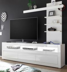 Wohnwand 2-tlg. Nobile in Hochglanz wei� und Stone Design grau TV-Lowboard und Wandregal 217 x 163 cm