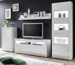Wohnwand Nobile in Hochglanz wei� und Stone Design grau Anbauwand 4-teilig 302 x 198 cm