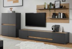 Wohnwand Center in grau matt und Wotan Eiche 3-teilig 343 x 180 cm mit XL-TV-Schrank