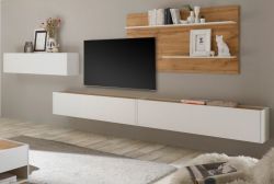 Wohnkombination Center in wei� und Wotan Eiche Wohnwand 4-teilig 400 x 180 cm mit XXL-Board und Wandpaneel