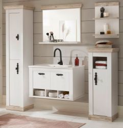 Badkombination Rovola in Pinie wei� / Oslo Pinie Landhaus Badm�bel Set 6-tlg. h�ngend MIT Waschbecken 205 x 200 cm