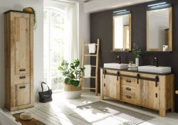 Badm�bel Set Stove in Used Wood hell und anthrazit Doppelwaschtisch MIT Waschbecken und LED Spiegellampe