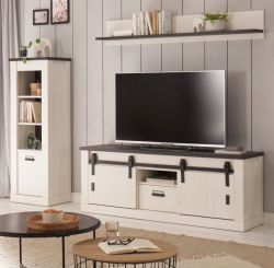 Wohnwand Stove in wei� Pinie und anthrazit Landhaus Wohnkombination 3-teilig 233 x 170 cm