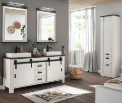 Badm�bel Set Stove in wei� Pinie und anthrazit Landhaus Doppelwaschtisch MIT Waschbecken und LED Spiegellampe